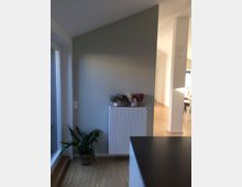 Ein moderner Innenraum mit hellem Holzboden, einer hellgrünen Wand mit einem weißen Heizkörper, darauf mehrere Blumendekorationen. Auf der linken Seite steht eine Topfpflanze neben einem großen Fenster, und rechts führt der Raum in einen offenen Essbereich.