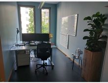 Schmales Büro mit blauen Wänden, großem Schreibtisch und zwei Monitoren vor drei hohen Fenstern. An der Wand hängt ein magnetisches Whiteboard mit einem Kalender; eine große Pflanze steht in einem Holzkübel.