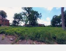 Großes, verwildertes Gelände mit hohem Gras und vereinzelten Sträuchern. Im Hintergrund sind mehrere Bäume sowie ein ehemaliges Backsteingebäude mit verfallenem Dach und Graffiti sichtbar.