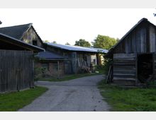 Ein ländlicher Hof mit mehreren Holz- und Backsteingebäuden, teils mit Wellblech- und Ziegeldächern. Ein unbefestigter Weg führt durch das Gelände, umgeben von grüner Vegetation und einzelnen Bäumen im Hintergrund.