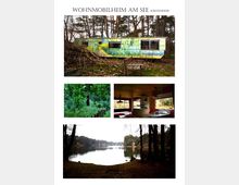 Ein Wohnmobilheim steht inmitten eines Kiefernwaldes, bemalt mit einem grün-gelben, naturinspirierten Muster. Weitere Bilder zeigen dichte Vegetation, den Innenraum mit Holzmöbeln und Blick auf den See durch große Fenster sowie eine Uferlandschaft mit Blick auf den ruhigen, von Bäumen umgebenen See.
