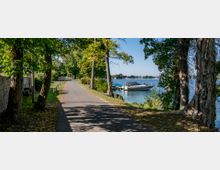 Ein asphaltierter Weg führt entlang eines von Bäumen gesäumten Ufers, mit mehreren Booten, die am klaren Wasser eines Sees angelegt sind. Im Hintergrund sind weitere Bäume und eine entfernte städtische Kulisse zu sehen.