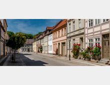 Ruhige Altstadtstraße mit schmaler Fahrbahn, Kopfsteinpflasterrand und einer Reihe historischer Wohnhäuser mit Putz- und Fachwerkfassaden sowie roten Ziegeldächern. Vor mehreren Eingängen stehen Laternen und blühende Rosensträucher, im Hintergrund sind weitere Fachwerkhäuser und Bäume zu sehen.