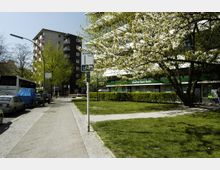 Ein städtischer Straßenzug mit einem Gehweg, geparkten Autos und einem Wegweiser zum Wittenbergplatz. Rechts im Bild ein Baum mit weißen Blüten, eine Rasenfläche und ein Gebäude mit einer Filiale der Dresdner Bank Berlin.