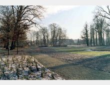 Eine weitläufige Parklandschaft mit kahlen Bäumen im Winter, leicht schneebedecktem Boden und vereinzelten Grünflächen. Im Hintergrund sind Gebäude sichtbar, während im Vordergrund ein Beet mit jungen Pflanzen zu sehen ist.