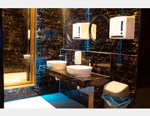 Luxuriös gestaltetes Badezimmer mit schwarzen Wänden in Gold-Marmor-Optik, zwei runden Spiegeln, weißen Waschbecken auf einer dunklen Marmorablage und an der Wand angebrachten Seifen- und Papierhandtuchspendern. Im Vordergrund steht ein Abfalleimer mit blauem Müllbeutel, und an der linken Seite ist ein goldgerahmter Spiegel sichtbar.