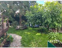 Ein Garten mit einer Rasenfläche, mehreren Bäumen und Sträuchern sowie einem gepflasterten Weg. Im Vordergrund stehen Hochbeete, links befindet sich ein Holzdeck, und im Hintergrund sind ein Metallgerüst sowie zwei Sonnenliegen sichtbar.