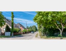 Eine gepflasterte Wohnstraße mit Einfamilienhäusern aus Backstein auf der linken Seite, umgeben von Gärten und Zäunen. Rechts befindet sich ein Gehweg mit großen, grünen Bäumen, die Schatten spenden.