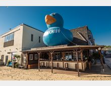 Eine Strandbar mit einer überdachten Holzterrasse und Sitzgelegenheiten, auf deren Dach eine große blaue Gummiente mit der Aufschrift „Badeschiff“ befestigt ist. Im Hintergrund ist ein weißes sowie ein schwarzes Gebäude sichtbar, umgeben von sandigem Boden.