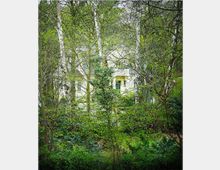 Ein weißes Gebäude mit dunklem Walmdach und grüner Eingangstür, teilweise verdeckt durch dichte Bäume und Büsche in einem bewaldeten Garten. Die Umgebung ist von frischem, grünem Laub geprägt.