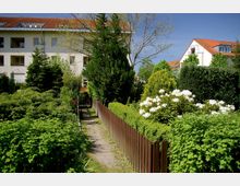 Gartenweg mit Holzzaun, gesäumt von dichter Bepflanzung, darunter Sträucher und blühende weiße Rhododendren, im Hintergrund ein mehrstöckiges Wohnhaus mit roten Ziegeldächern und großen Fenstern bei sonnigem Wetter.