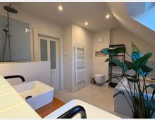 Modernes Badezimmer unter einer Dachschräge mit einer großen Dusche, zwei weißen Waschbecken auf einer Holzplatte, einer freistehenden Badewanne mit blauen Fliesen und einem weiß gefliesten Heizkörper. Eine große grüne Zimmerpflanze und ein Regal aus schwarzem Metall ergänzen die Einrichtung.