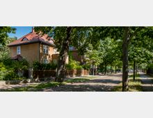Straßenansicht in einem Wohngebiet mit Kopfsteinpflaster, gesäumt von Bäumen, die dichten Schatten spenden. Links steht ein zweistöckiges Haus mit gelber Fassade, roten Dachziegeln und Gartenzaun, umgeben von viel Grün.