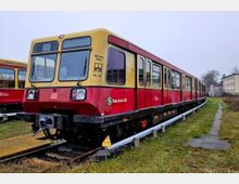 Ein gelb-roter S-Bahn-Zug der Deutschen Bahn steht auf einem Gleis im Freien. Im Hintergrund sind eine Grasfläche, ein Gehweg und Gebäude zu sehen, bei bewölktem Himmel.