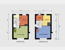 Grundriss eines zweigeschossigen Hauses mit Erdgeschoss und Obergeschoss. Das Erdgeschoss zeigt eine Wohnstube, Küche und einen Treppenbereich, während das Obergeschoss ein Schlafzimmer, ein Badezimmer, eine Kammer und den Treppenbereich umfasst; Maße und Raumaufteilungen sind angegeben.