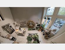 Ein kleiner, gemütlicher Laden mit Pflanzen, Büchern und dekorativen Gegenständen. Große Fenster lassen Tageslicht hinein, während Regale und Tische mit Waren wie Keramik, Pflanzen und Gläsern den Raum füllen.