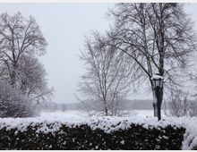 Schneebedeckte Landschaft mit kahlen Bäumen im Vordergrund, einer Hecke mit Schnee und einer Straßenlaterne rechts im Bild. Im Hintergrund ist eine offene, verschneite Ebene erkennbar, die in einen bewölkten Himmel übergeht.
