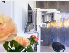 Ein moderner zahnmedizinischer Untersuchungsraum mit einem digitalen 3D-Röntgengerät (Orthophos SL) und einem Computerarbeitsplatz. Im Vordergrund befinden sich unscharfe Blumendekorationen, im Hintergrund ist eine metallische Wand mit abstrakten Farbakzenten zu sehen.