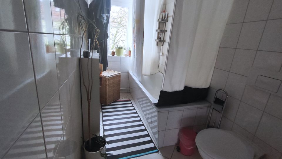 Narrow tiled bathroom with a bathtub along the right wall and a white shower curtain, opening toward a large window at the far end. A black-and-white striped rug runs down the center, with a wicker hamper and potted plants near the window and a wall-mounted toilet in the foreground.