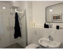 Modernes Badezimmer mit weiß gefliesten Wänden, einer Duschkabine mit Glaswand und einer Hängevorrichtung für Handtücher. Im Vordergrund ein Waschbecken mit Spiegel, daneben eine Ablage mit Pflegeprodukten und Toilettenpapierrollen; im Hintergrund ein gerahmtes Kunstbild an der Wand.