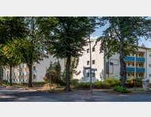 Wohnhäuser in einem urbanen Viertel, umgeben von Bäumen am Straßenrand. Die Gebäude sind hell verputzt, haben Balkone mit blauen Geländern und stehen an einer Kreuzung mit Straßenschildern.