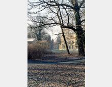 Parklandschaft mit kahlen Bäumen im Winter, im Hintergrund ein gelbes Gebäude mit großen Fenstern, das teils von den Ästen verdeckt wird. Am Boden liegt eine dünne Schicht aus Laub und Frost.