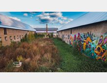 Ein ländlicher Innenhof mit zwei ehemaligen Scheunen, deren Dächer mit Wellblech gedeckt sind. Die rechte Gebäudewand ist mit bunten Wandmalereien dekoriert, während der Hofbereich von hohem Gras und Sträuchern bewachsen ist.