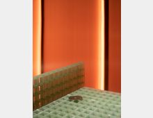 Nahaufnahme einer Oberfläche aus grünlichem, transparentem Gittermaterial mit einer runden Schraube darauf. Im Hintergrund sind vertikale, orangefarbene Paneele mit glatt reflektierenden Oberflächen zu sehen.