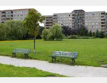 Städtischer Park mit einer großen Grünfläche, vereinzelt stehenden Bäumen, darunter Trauerweiden, und zwei Parkbänken, von denen eine mit Graffiti beschmiert ist; im Hintergrund mehrstöckige Plattenbauten.