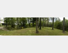 Weitläufige Grünfläche mit vereinzelt stehenden Bäumen, umgeben von einem Wald. Im Vordergrund verläuft ein hölzernes Geländer, und ein Hausdach ist am linken Bildrand erkennbar.