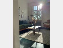 Wohnzimmer mit großen Fenstern, durch die Sonnenlicht einfällt. Zu sehen sind ein grünes Sofa, ein Holztisch mit getrockneten Blumen in einer Vase, ein heller Teppich und eine Stehlampe vor einer weißen Wand mit Wanddekoration.