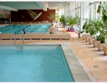 Innenansicht eines Hallenbads mit zwei Schwimmbecken, eines im Vordergrund und ein größeres im Hintergrund mit Schwimmern. Der Raum ist von großen Fenstern und zahlreichen Topfpflanzen an den Seiten geprägt; an der Rückwand hängt eine Surfbrett-Dekoration.