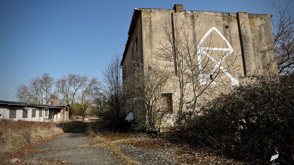 Verlassenes, mehrstöckiges Betongebäude mit verwitterter Fassade und großem Graffiti an der Seitenwand, umgeben von überwuchertem Gelände und kahlen Bäumen. Im Vordergrund führt ein rissiger Asphaltweg zu weiteren niedrigen Gebäudeteilen unter klarem Himmel.