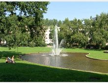Ein Park mit einer großen, geschwungenen Wasserfläche, in deren Mitte ein Springbrunnen Wasser hochspritzt. Umgeben von grünen Rasenflächen und Bäumen, im Hintergrund sind mehrstöckige Wohngebäude sichtbar.