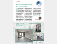 Ein Magazinlayout mit der Überschrift "#WirliebendiePlatte – Jetzt wird vermietet!". Der Artikel beschreibt die Modernisierung von Wohnungen mit Fotos eines Wohnzimmers mit Betonoptik, eines Eingangsbereichs und eines Badezimmers mit weiß-grünen Fliesen. Text und Bilder heben das moderne Design und die Ausstattung hervor.