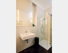 A modern bathroom with a white tiled wall, a glass-enclosed shower with a rainfall showerhead, and a wall-mounted rectangular sink with a mirror above it. The floor is dark-tiled, and a black trash bin is placed under the sink.