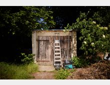Kleiner Gartenschuppen aus Beton mit zwei verwitterten Holztüren, davor eine angelehnte Leiter und Gartengeräte. Der Schuppen steht in einem von dichtem Grün umgebenen Gartenbereich mit Gras und Gestrüpp im Vordergrund.