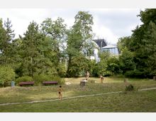 Grüne Parklandschaft mit großen Bäumen, Wiese und zwei Holzbänken im Vordergrund. Im Hintergrund ist ein modernes Gebäude mit weißen Fassaden und großen Fenstern zu sehen, während Menschen sich im Park entspannen und spielen.