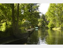 Ruhige Szenerie eines Wasserkanals, gesäumt von dichtem, grünem Laub und einem Holzsteg, auf dem sich ein kleines Boot befindet. Im Hintergrund ist ein mit Vegetation bewachsenes Haus erkennbar, das von Bäumen umgeben ist.