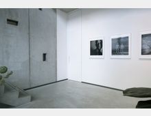 Minimalistischer Innenraum mit einer grauen Betonwand und einer angrenzenden weißen Wand, an der drei gerahmte Schwarz-Weiß-Fotografien hängen. Links unten führen Betontreppenstufen nach oben, und ein kleiner Topf mit einer Pflanze ist sichtbar.