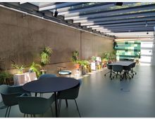 Moderner Multifunktionsraum mit Betonwänden, einer Glasdecke und Tageslichteinfall. Der Raum ist mit runden und rechteckigen Tischen, Stühlen sowie zahlreichen Topfpflanzen auf weißen Regalboxen dekoriert, wobei im Hintergrund eine grün-weiß gemusterte Wand zu sehen ist.