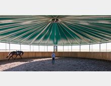 Innenansicht eines runden überdachten Reitplatzes mit einer grünen Zeltdachkonstruktion und Holzwänden. In der Mitte steht eine Person, während ein Pferd entlang der Bande geführt wird.