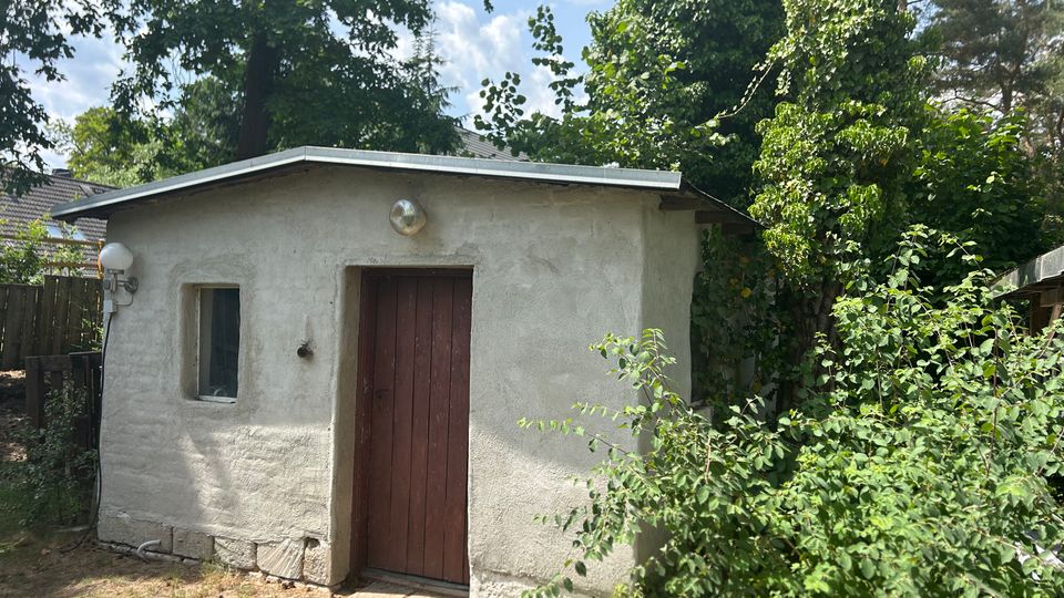 Kleines Garten- oder Geräteschuppen aus hellem Putz mit flachem Satteldach, roter Holztür und einem schmalen Fenster an der Vorderseite. Umgeben von dichtem Grün und hohen Bäumen, mit Buschwerk bis an die rechte Hauswand.