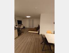 Wohnzimmer mit modernem Design, ausgestattet mit einem Esstisch und Stühlen im Vordergrund, einem braunen Sofa im Hintergrund und einem großen Fenster mit weißen Vorhängen. Der Boden besteht aus Holzoptik, und an der Decke befinden sich eine Deckenleuchte sowie ein Rauchmelder.