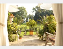 Blick von einer Terrasse mit weißen Vorhängen auf einen gepflegten Garten mit grüner Wiese, Büschen und Palmen in Töpfen. Im Vordergrund steht ein Baum in einem Holzpflanztopf, während im Hintergrund Bäume und ein Brunnen zu sehen sind.