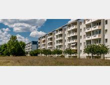 Mehrstöckiges Wohngebäude mit weißen Fassaden und Balkonen, umgeben von Grünflächen und kleinen Bäumen; im Vordergrund eine wild bewachsene Wiese unter einem teilweise bewölkten Himmel.