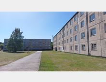 Mehrgeschossige Plattenbauten aus Beton mit rechteckigen Fenstern, umgeben von einer Grünfläche. Im Vordergrund führt ein gepflasterter Weg zwischen den Gebäuden hindurch, ein großer Baum steht links.