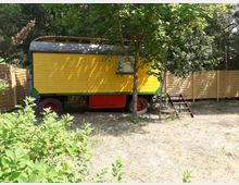 Ein gelber hölzerner Bauwagen mit einem gebogenen grauen Dach steht in einem von Bäumen und Sträuchern umgebenen Garten. Der Wagen hat rote Räder, eine kleine Treppe am Eingang und ist von einem Holzzaun eingefasst.