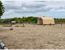 Weitläufiges Reitgelände mit sandigem Boden, einem beigen Zeltunterstand und vereinzelten Holzpfosten. Im Hintergrund befinden sich ein Pferdeanhänger, Gebäudestrukturen und grüne Vegetation unter wolkigem Himmel.