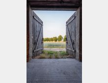 Blick durch ein weit geöffnetes Holztor eines alten Gebäudes auf eine ländliche Landschaft mit einem Feld und einer Reihe von Bäumen im Hintergrund. Der Boden im Vordergrund ist aus Beton, und die Torflügel sind aus gealtertem Holz gefertigt.